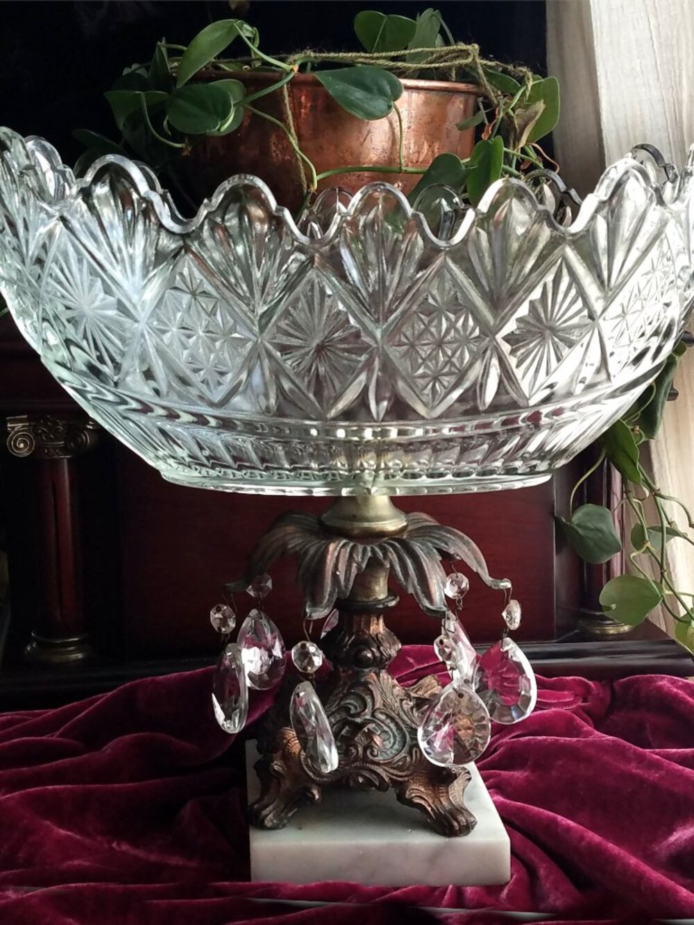 Hollywood Regency Cut Crystal Prisms Centerpiece Bowl Compote Brass Marble Italy